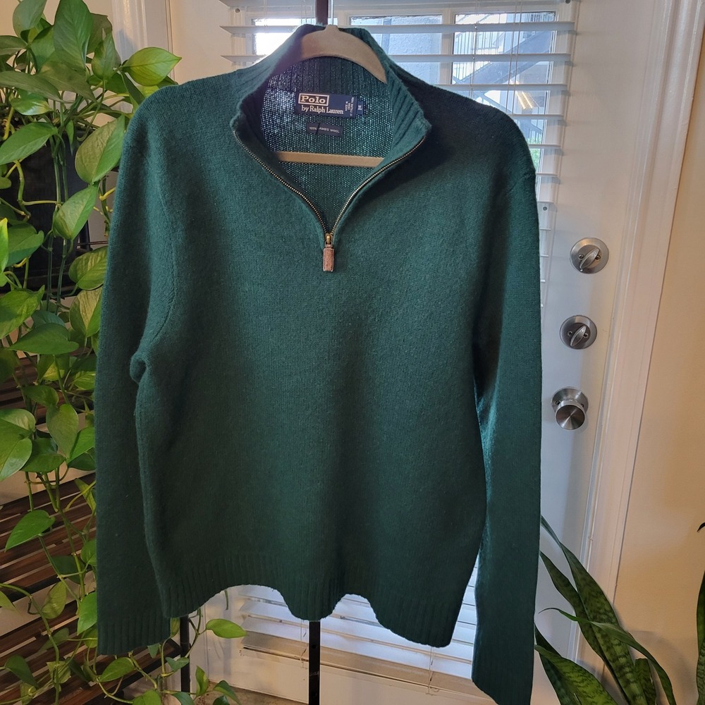 Polo Ralph Lauren Mens XL Hunter Green 100% Lambswool Quarter Zip Sweater